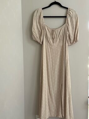 Sanctuary Beige Polka Dot Midi Dress with Puff Sleeves, Size 4